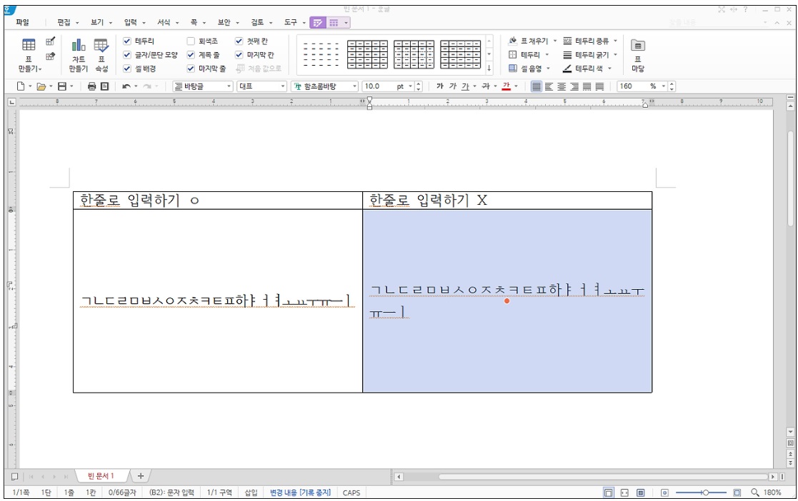 한글문서 표안에서 한줄로 입력하기 (표 셀 속성) image