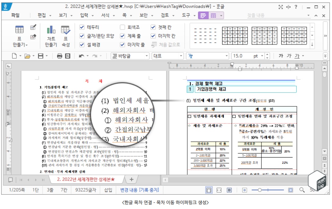 한컴오피스 한글 본문 내용과 목차 연결 방법 image